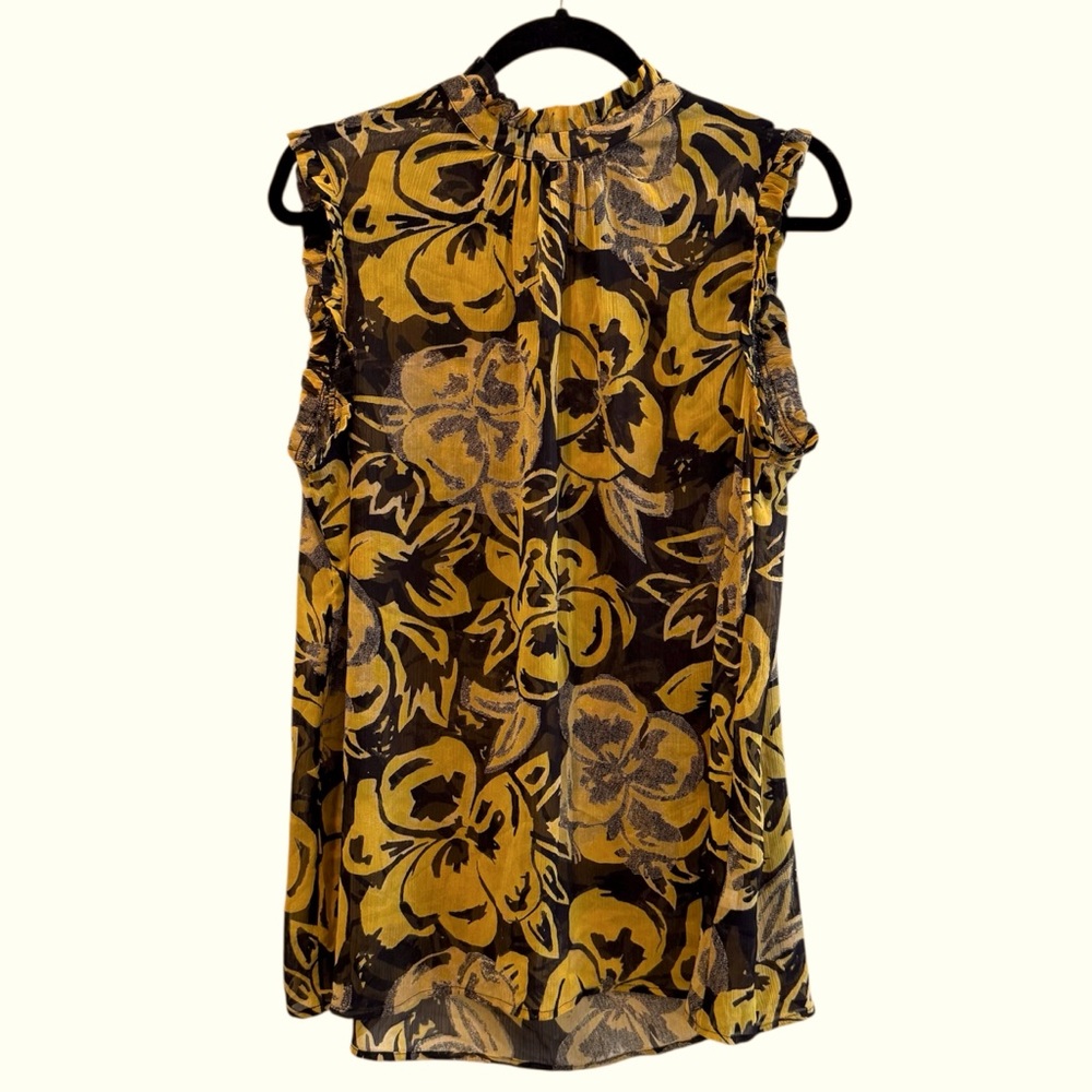 Who What Wear Sleeveless Sheer Floral Top Ruffles High Neck‎ Black Gold Size XL